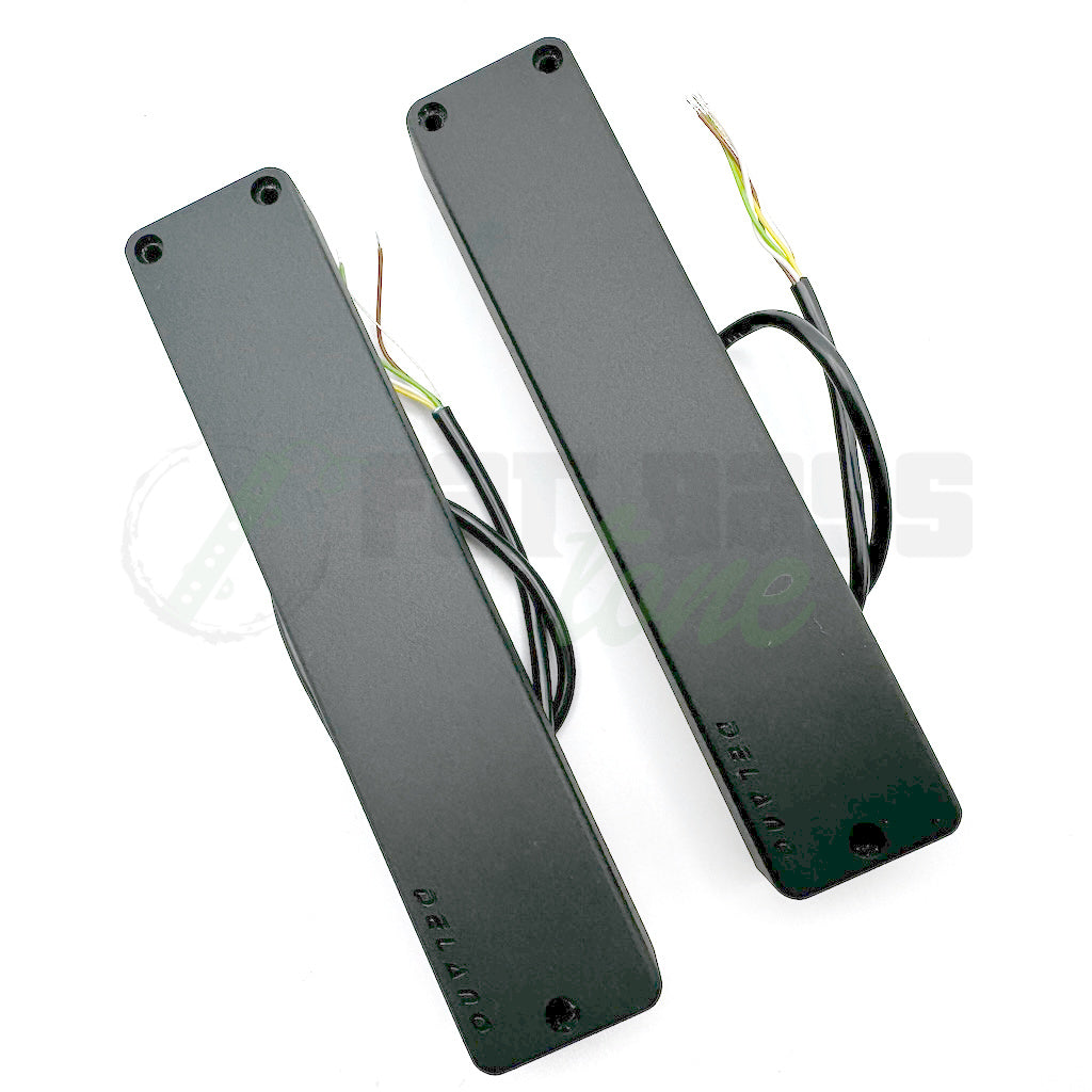 Top view of the Delano SBC8 HE/S-4 8 String Quad-Coil Bass Pickups showing the satin finish
