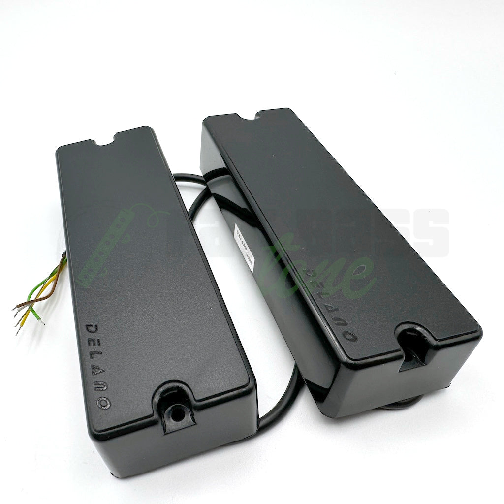 front angle photo of the Delano SBC6 HE/M2-E 6 String Bass Pickups showing the pickup screw locations and recess below the pickup covers