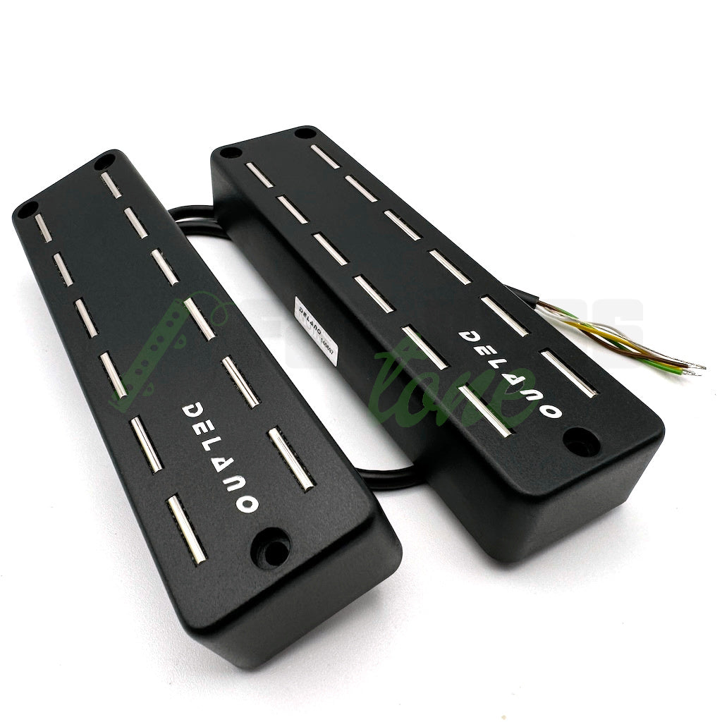 front angle view of the Delano Times Square SBC6 TF 6 String Dual Coil Bass Pickups showing logo