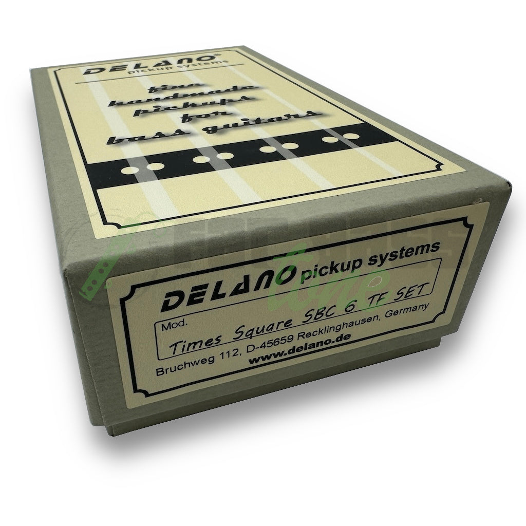 box photo of the Delano Times Square SBC6 TF 6 String Dual Coil Bass Pickups showing model and branding