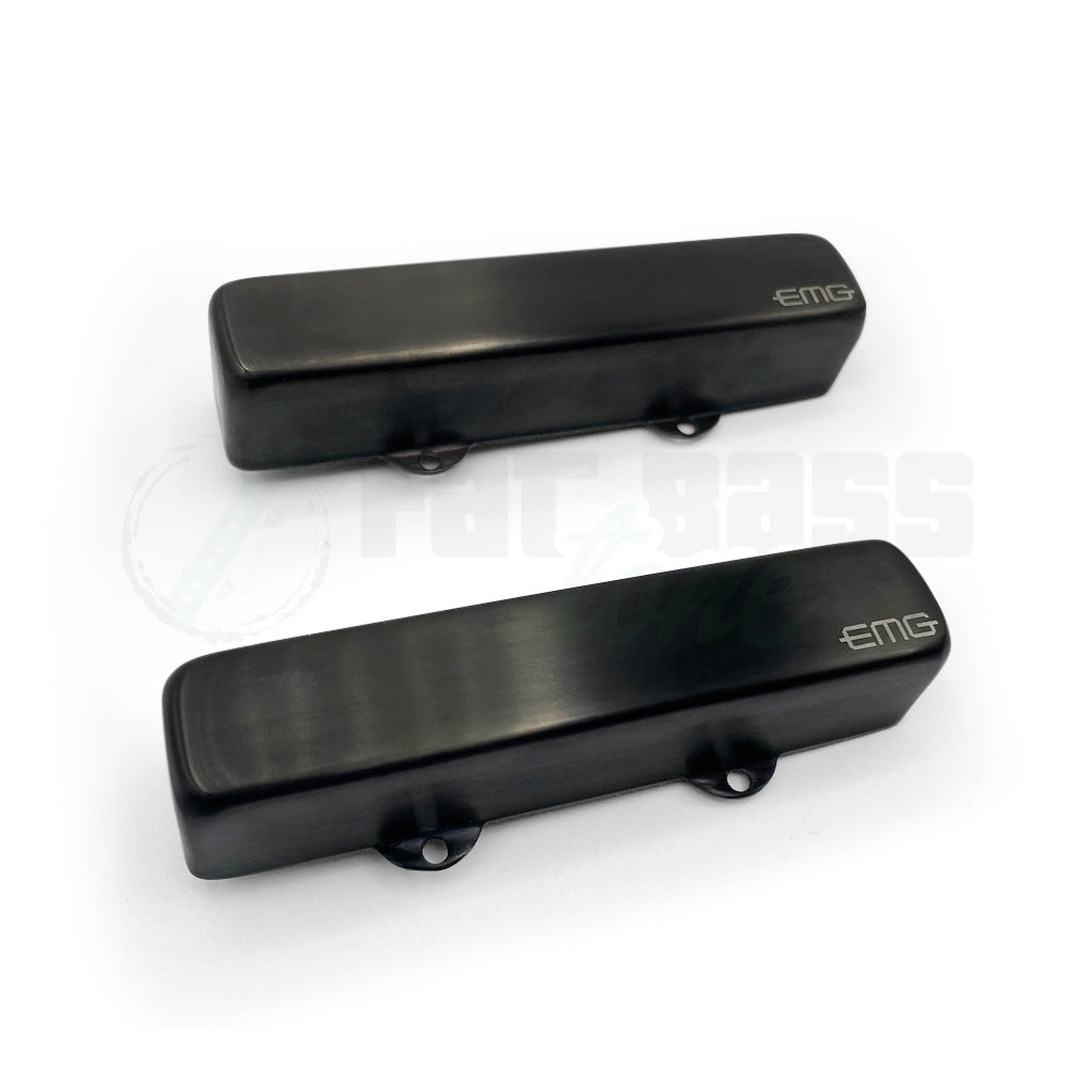Front view of the EMG Robert Trujillo Riptide Jazz Bass Pickups with brushed black chrome covers.