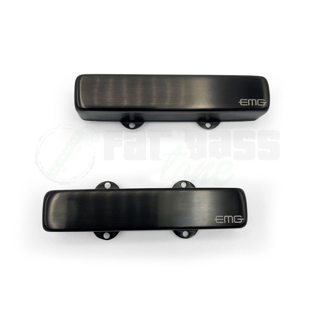 Overhead view of the EMG Robert Trujillo Riptide Jazz Bass Pickups with brushed black chrome covers.