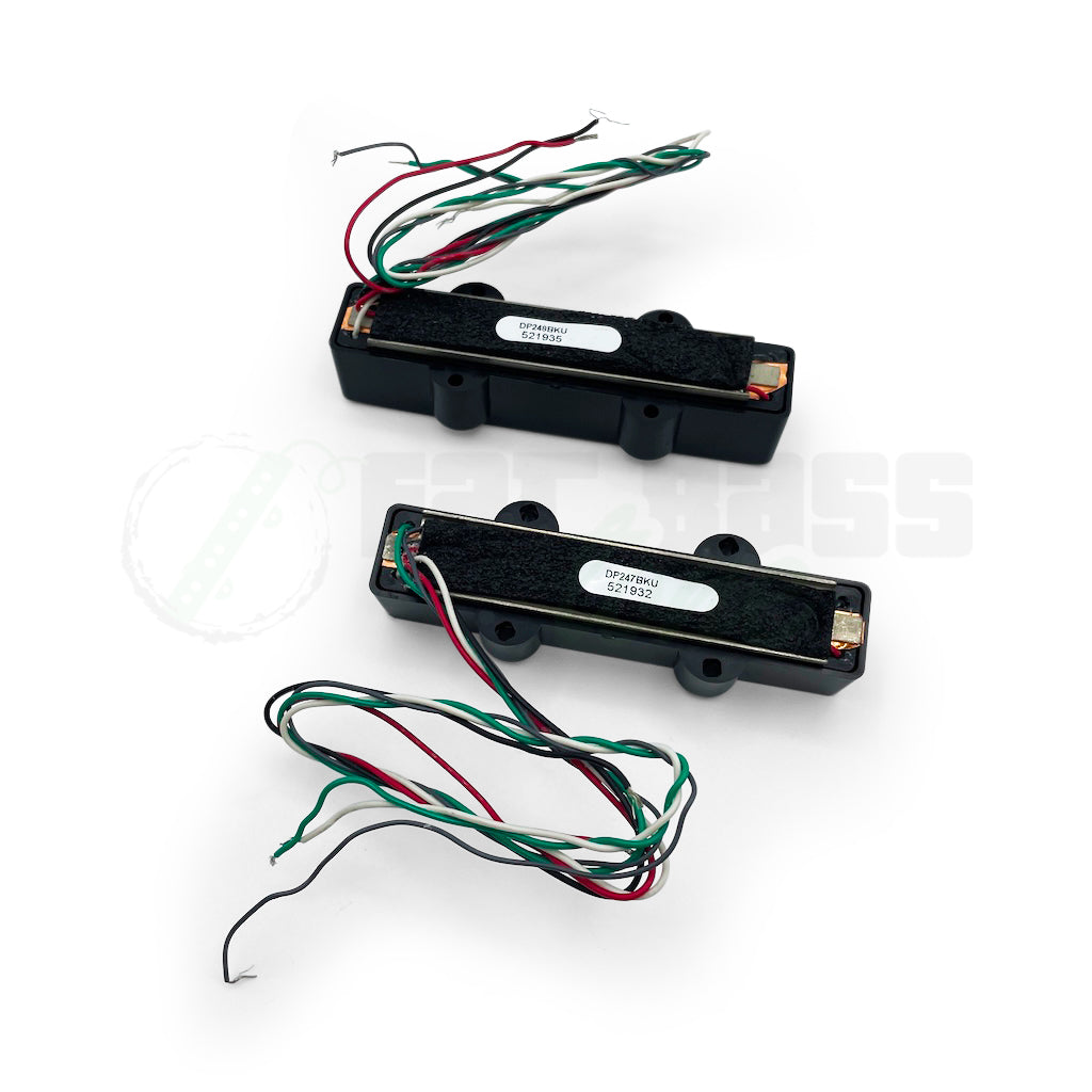 Rear view of DiMarzio Area J 4 String pickup set with black covers, showing the four pickup wires coming from each pickup.