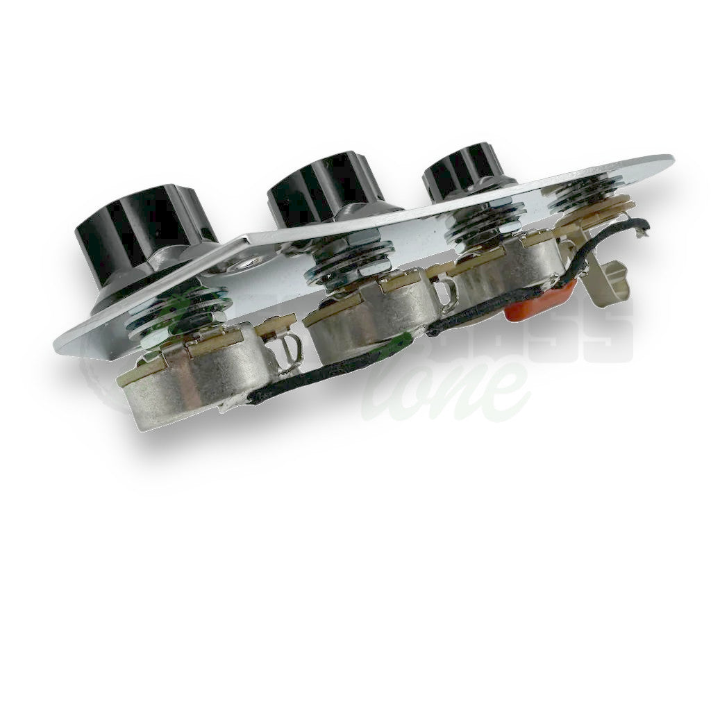 view of the DiMarzio Jazz Bass® Pre-Wired Passive Harness showing knobs, plate and back of potentiometers