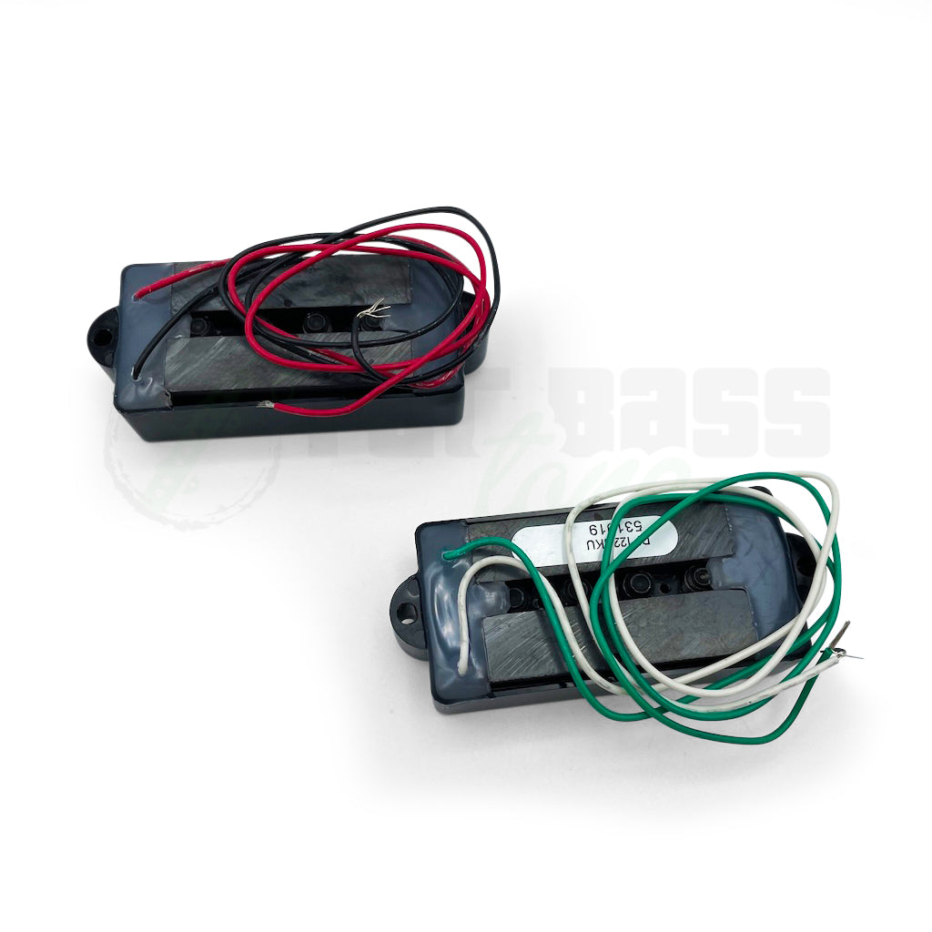 Rear view of DiMarzio Model P 4 String Precision Bass pickup showing pickup wires coming out of each pickup.