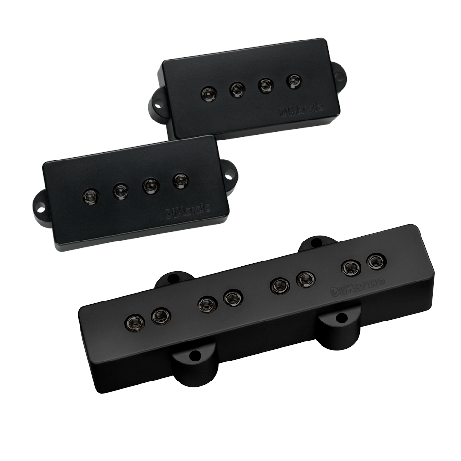 top view of the DiMarzio Model PJ 4 String Bass Pickups in Black with Black pole pieces