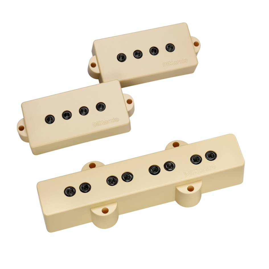 top view of the DiMarzio Model PJ 4 String Bass Pickups in creme with black pole pieces