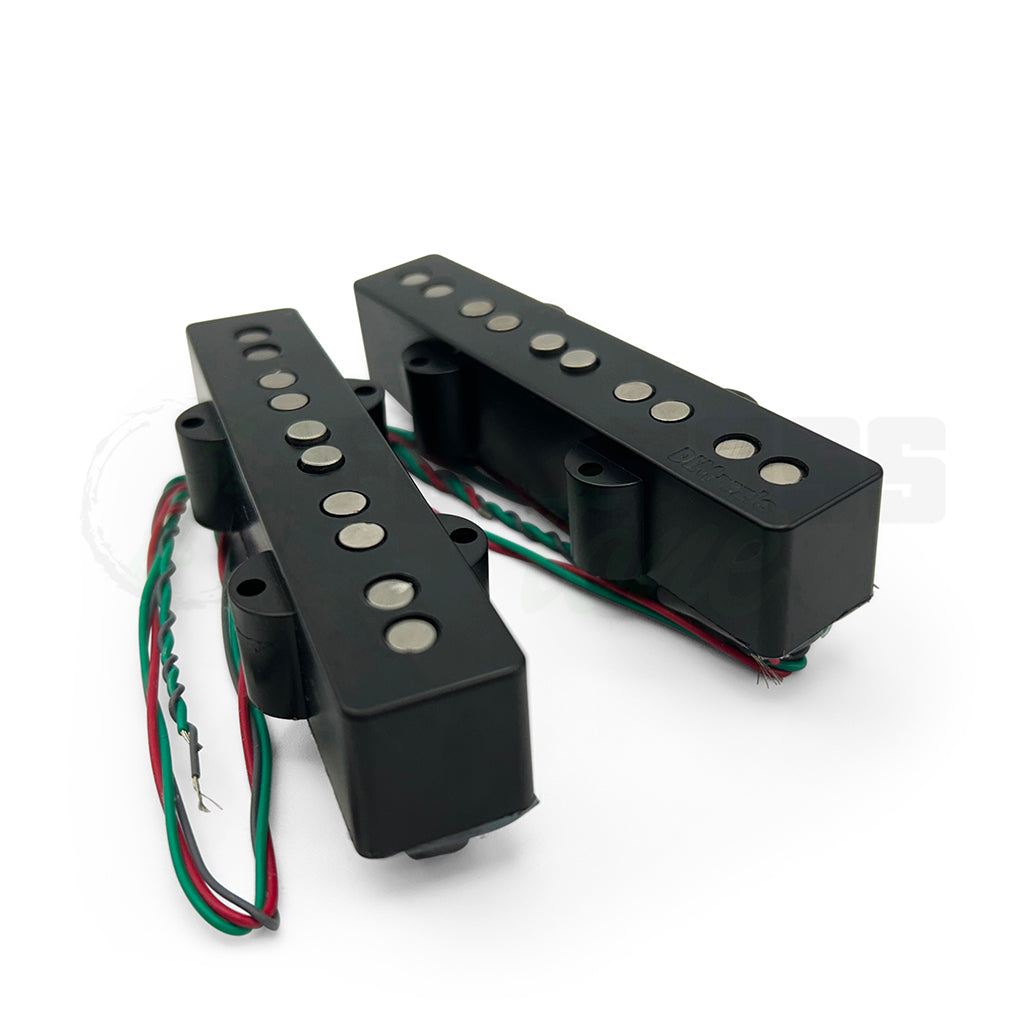 front angular photo of the DiMarzio Ultra Jazz 5 String Jazz Bass® Pickups showing the edge of the pickups and the logo engraved into the black plastic shell