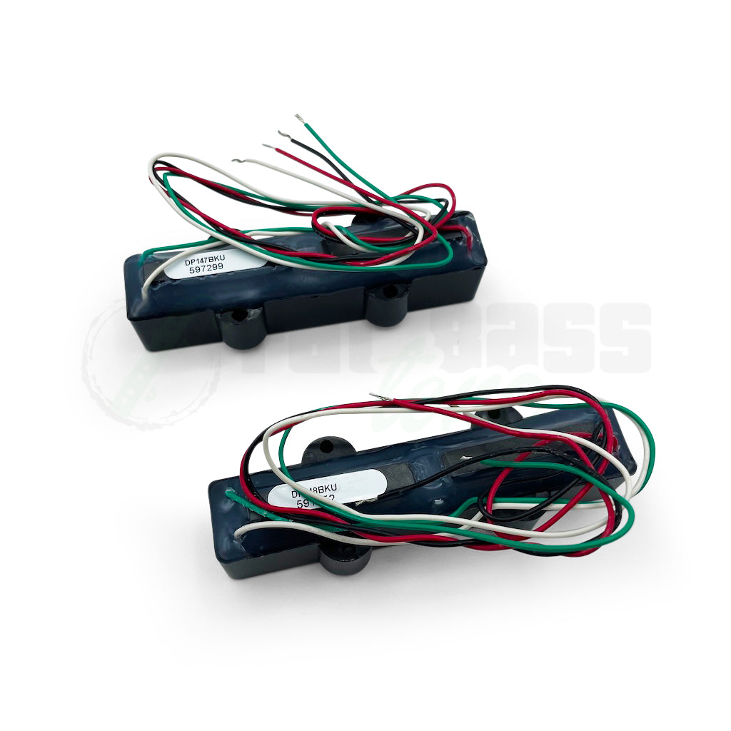 Rear view of DiMarzio Ultra Jazz 4 String pickup set with black covers, showing the four wires which come out of the pickups.
