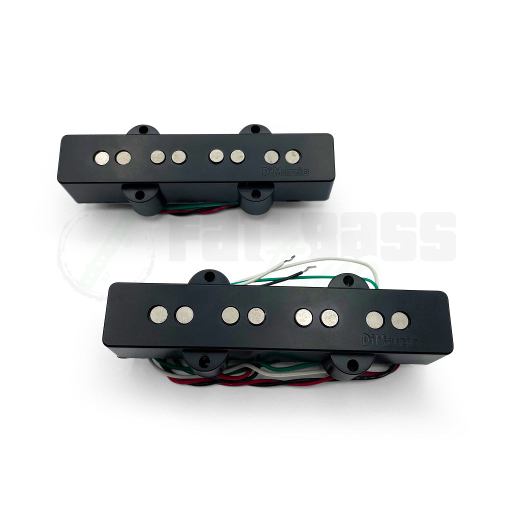 Overhead view of DiMarzio Ultra Jazz 4 String pickup set with black covers.