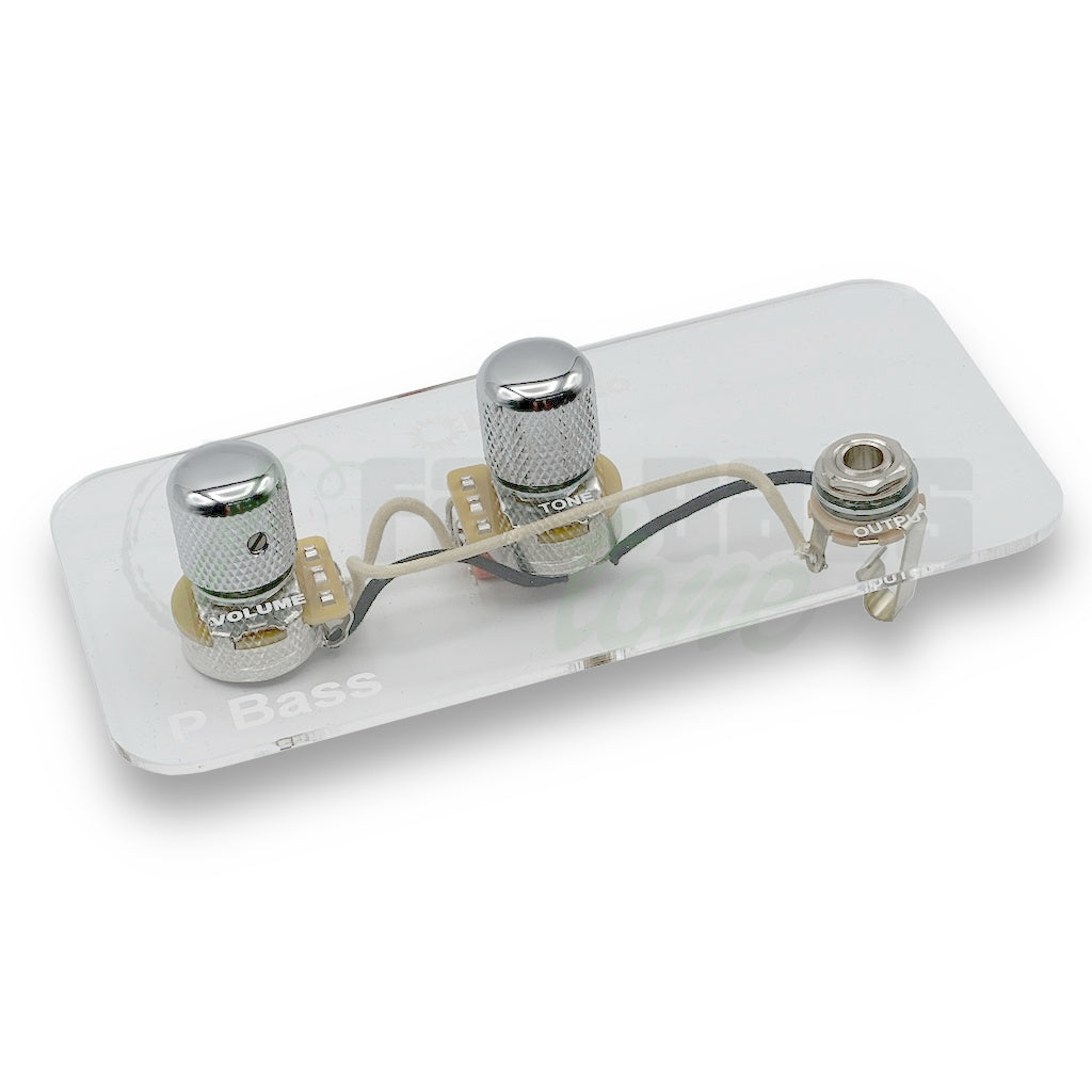 photo of the DiMarzio P Bass® Pre-Wired Passive Harness mounted onto an acrylic plate with knobs and labeled &#39;P Bass&#39;