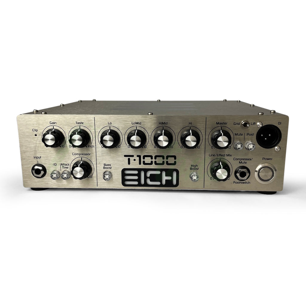 front view of the Eich T1000 Bass Amplifier Head showing many knobs, the EICH logo, inputs, and power button