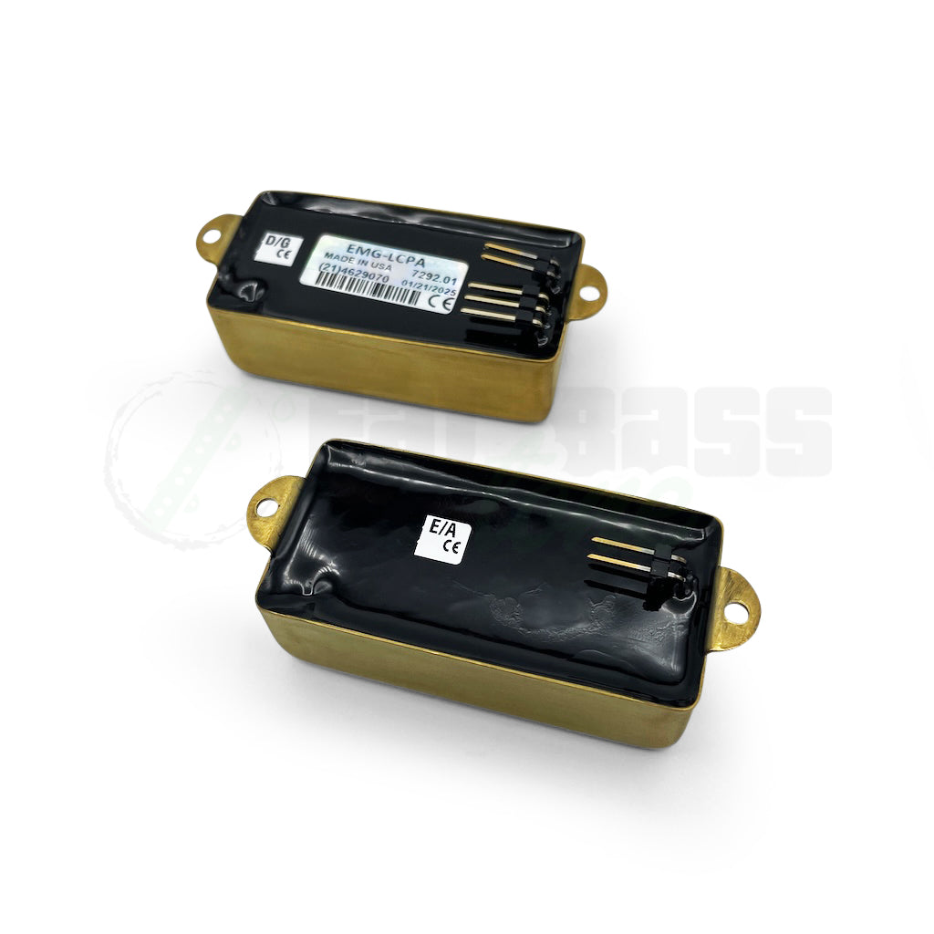 side view of the back of the EMG Les Claypool LC 4 String Precision Bass® Pickups with the gold covers, showing the connection points on the back of the pickups.