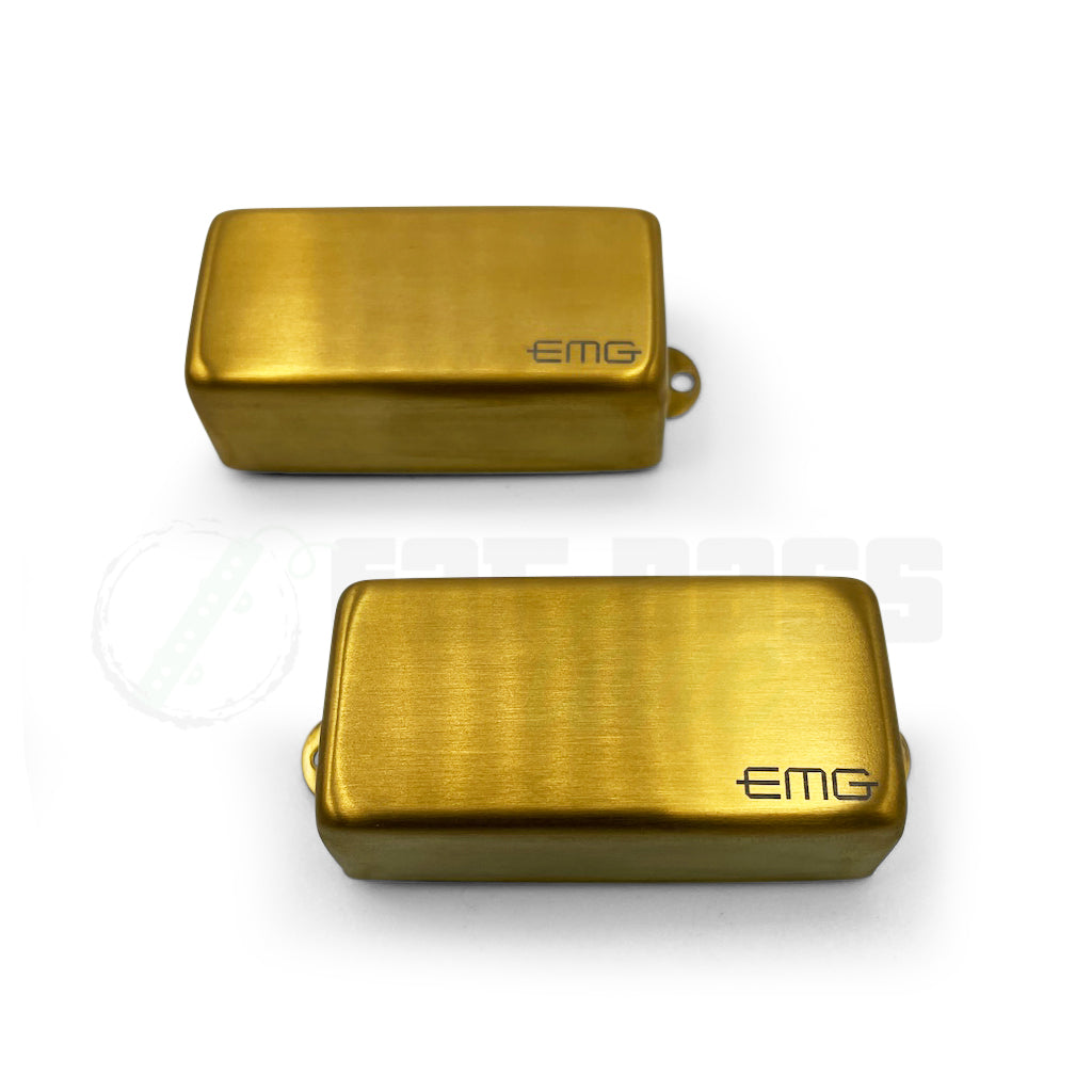 Overhead view of the EMG Les Claypool LC 4 String Precision Bass® Pickups with the gold covers.