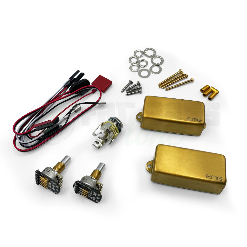 Overhead view of the EMG Les Claypool LC 4 String Precision Bass® Pickups with the gold covers, as well as all the components EMG includes with these pickups, such as pots, jack, screws, solderless connection cables, nuts and washers.