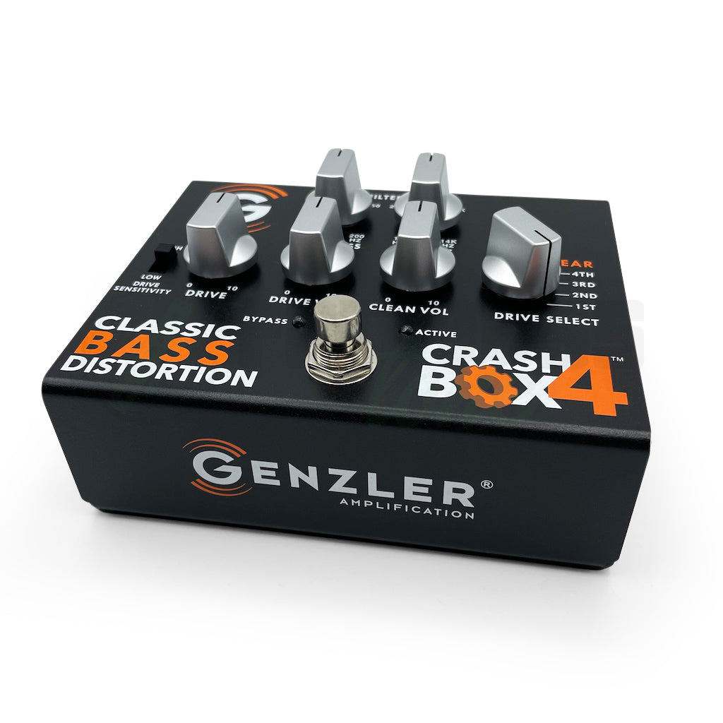 front view of the Genzler Crash Box 4 Distortion Pedal showing all the control knobs as well as the stomp switch