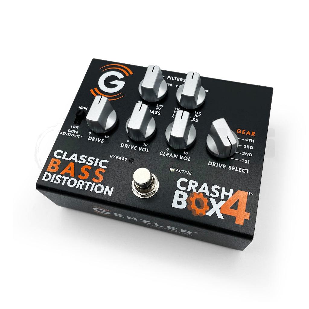 overhead view of the Genzler Crash Box 4 Distortion Pedal showing all the control knobs as well as the stomp switch