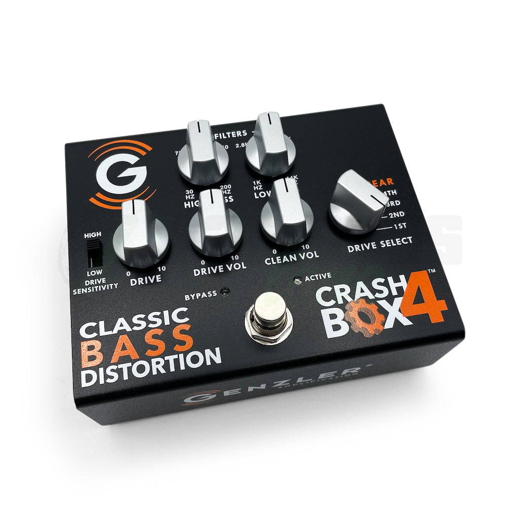 front view of the Genzler Crash Box 4 Distortion Pedal which shows all the control knobs as well as the stomp switch