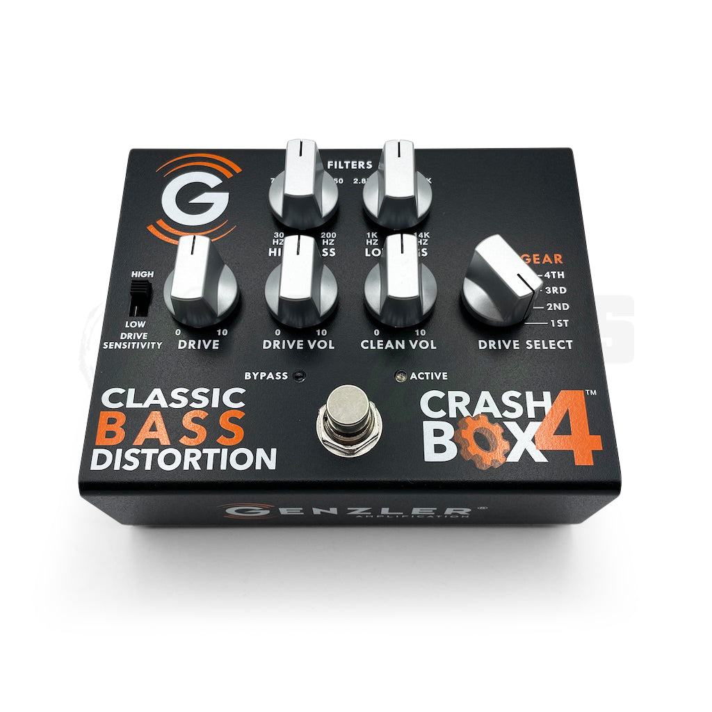 overhead view of the Genzler Crash Box 4 Distortion Pedal showing all the control knobs as well as the stomp switch