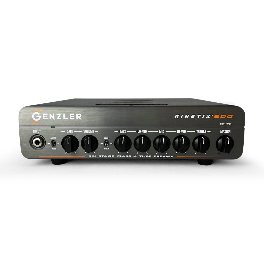 Head on view of the Genzler Kinetix 800 Bass Amp, showing all control knobs as well as the input.