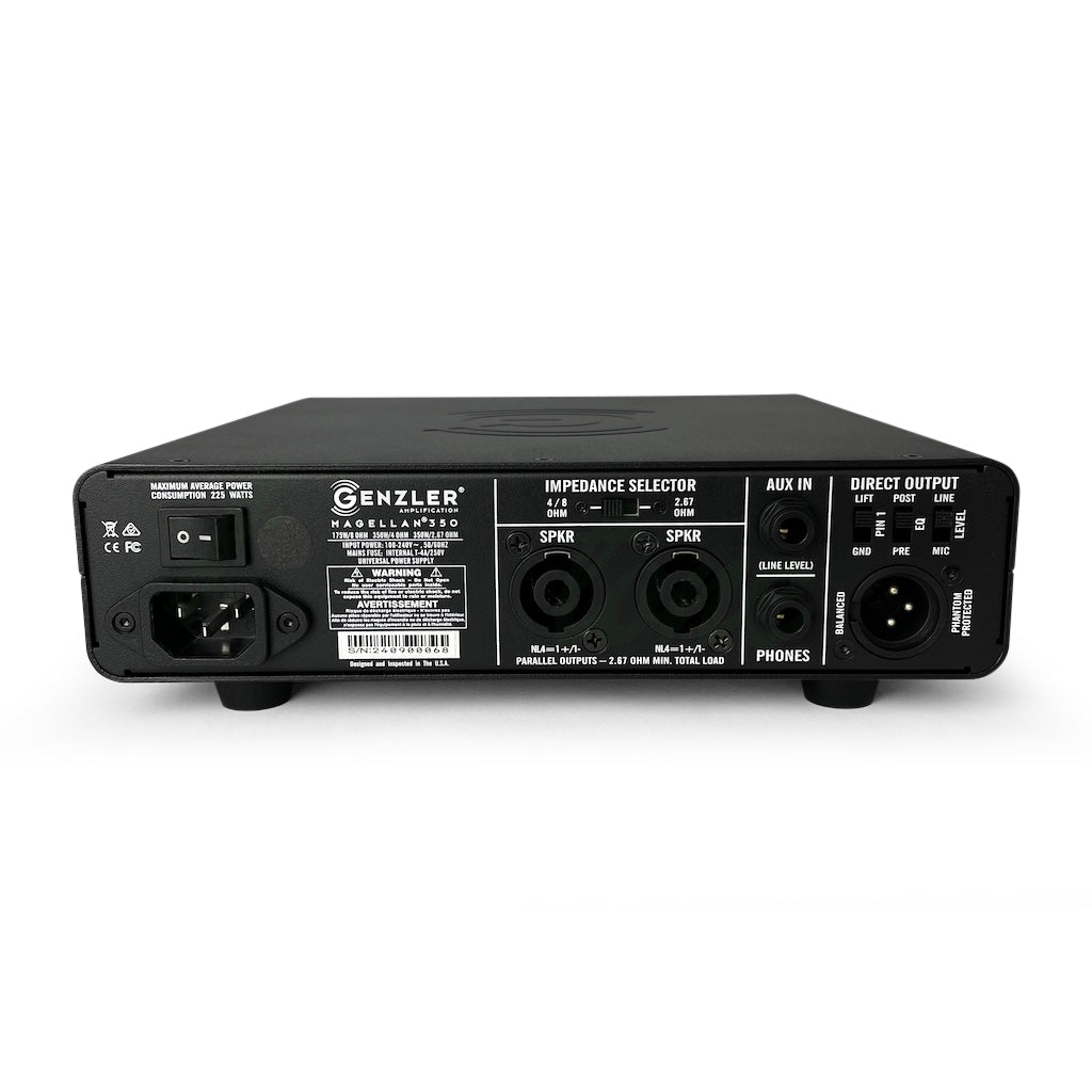 Rear view of the Genzler Magellan 350 Bass Amp with the power switch and all connection ports.