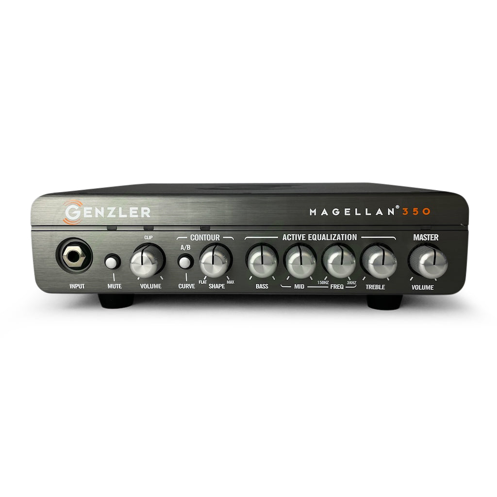 head on view of the Genzler Magellan 350 Bass Amp showing the control knobs and the input.