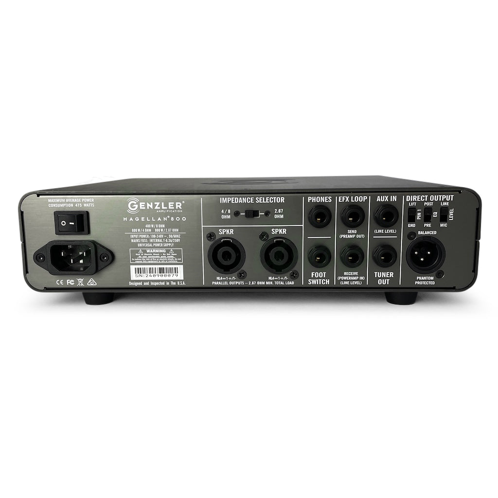 Rear view of the Genzler Magellan 800 which shows the power switch and connection ports.