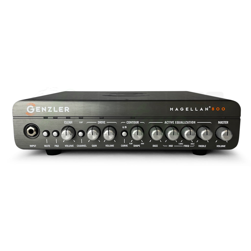 Head on view of the Genzler Magellan 800 Bass Amp.  This image also shows all control knobs and and input.