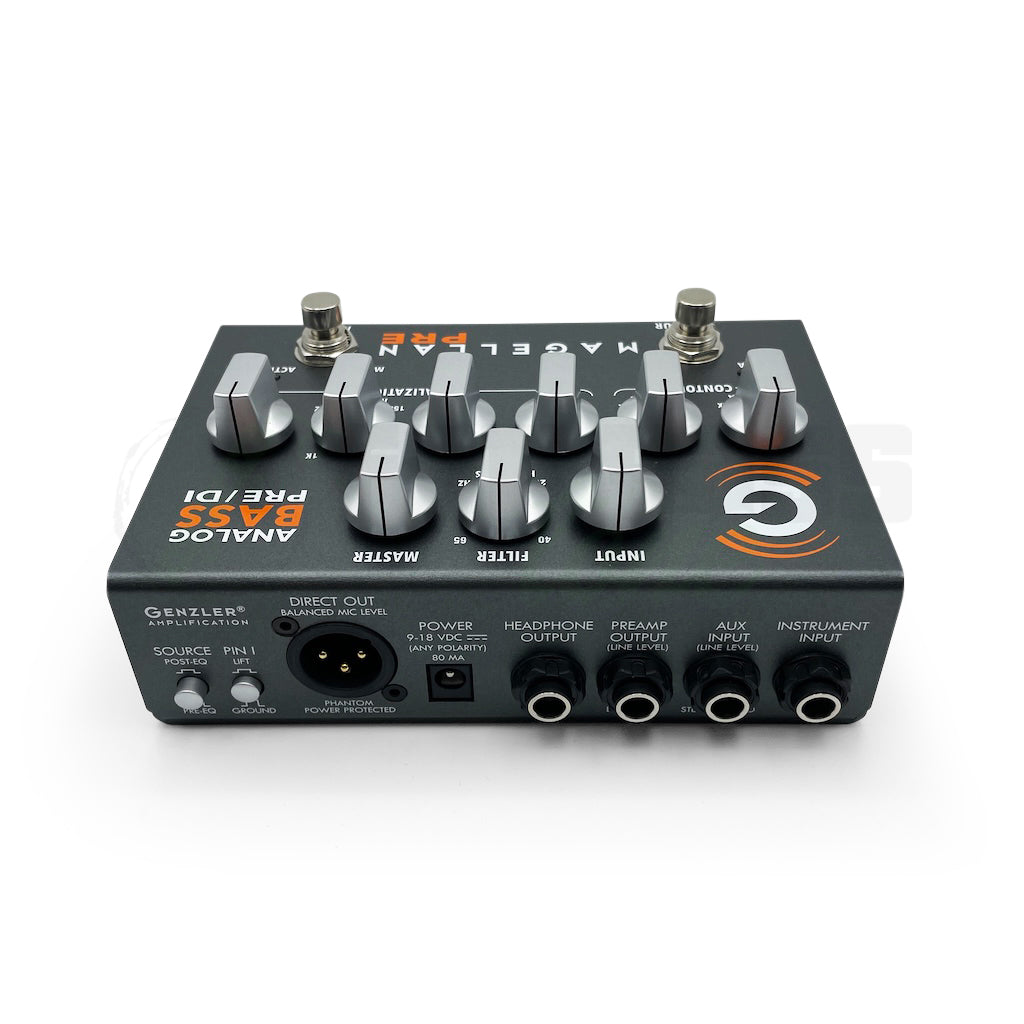 Rear angle view of the Genzler Magellan Preamp Pedal showing all control knobs and buttons, as well as the inputs, output and power.