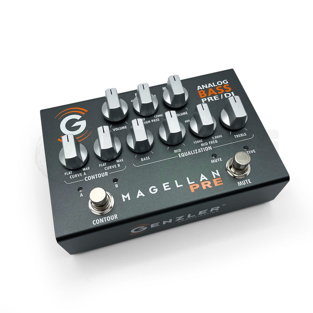 Front angle view of the Genzler Magellan Preamp Pedal showing all control knobs and buttons.