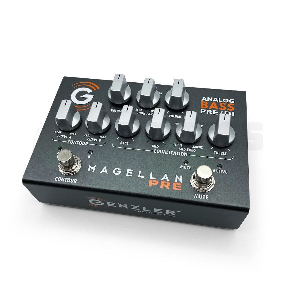 Front angle view of the Genzler Magellan Preamp Pedal which shows all control knobs and buttons.