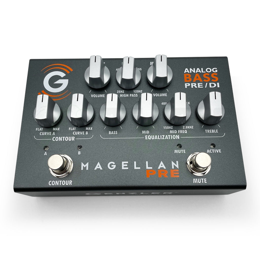 Overhead view of the Genzler Magellan Preamp Pedal showing all control knobs and buttons.