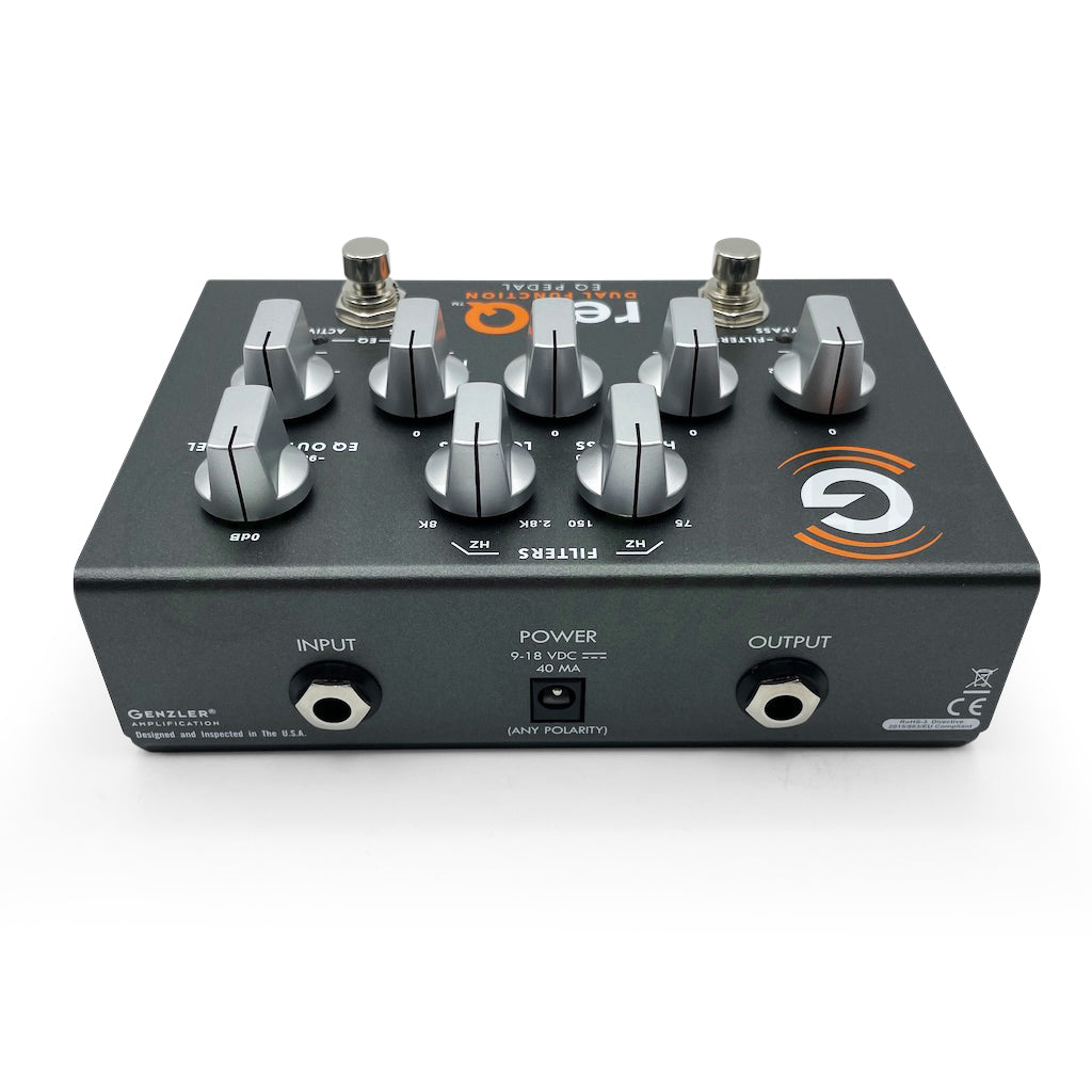 Rear view of the Genzler re/Q Dual Function EQ Pedal which shows all knobs and buttons, in addition to the input, output and power.