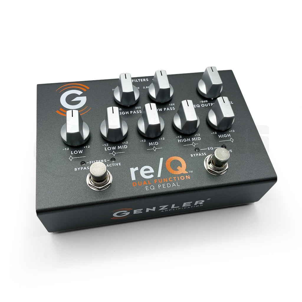 Front view of the Genzler re/Q Dual Function EQ Pedal which shows all knobs and buttons.