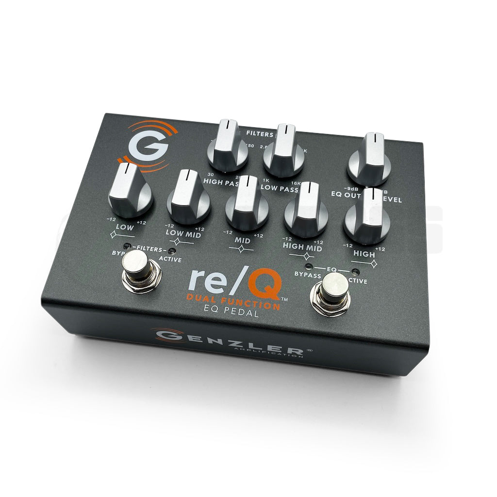 Overhead view of the Genzler re/Q Dual Function EQ Pedal which shows all knobs and buttons.