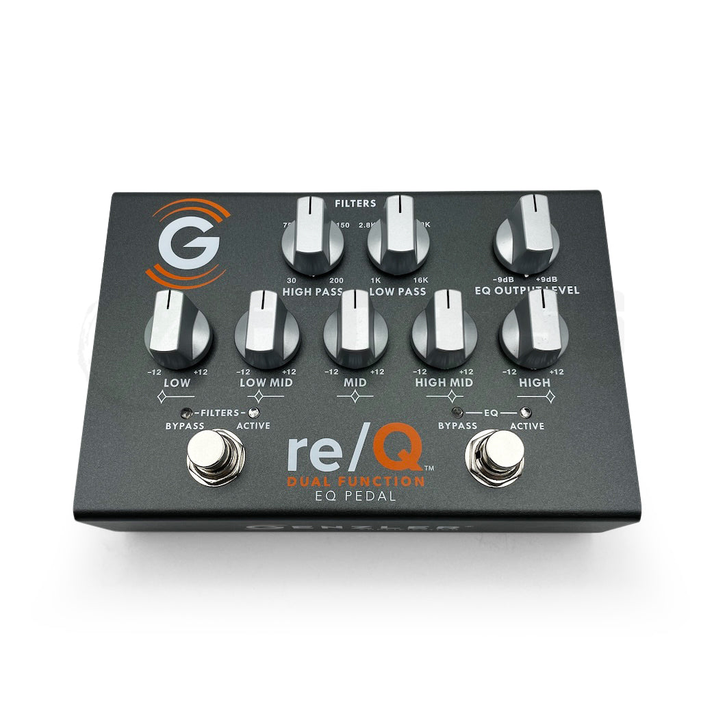 image of the Genzler re/Q Dual Function EQ Pedal from directly overhead which shows all knobs and buttons.