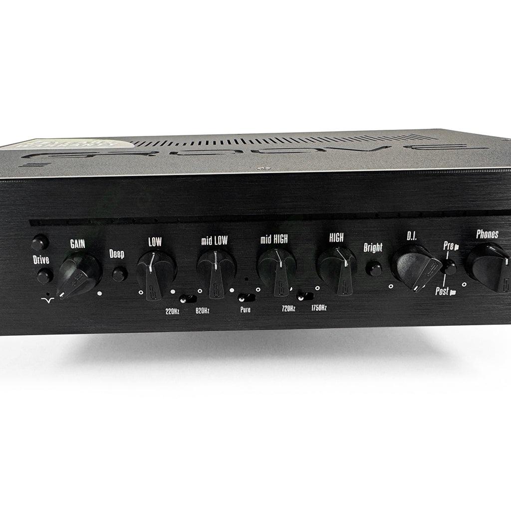 front center view of the GR Bass Groove 800 Bass Head showing the 4 band EQ knobs and their frequency controls as well as the gain knob
