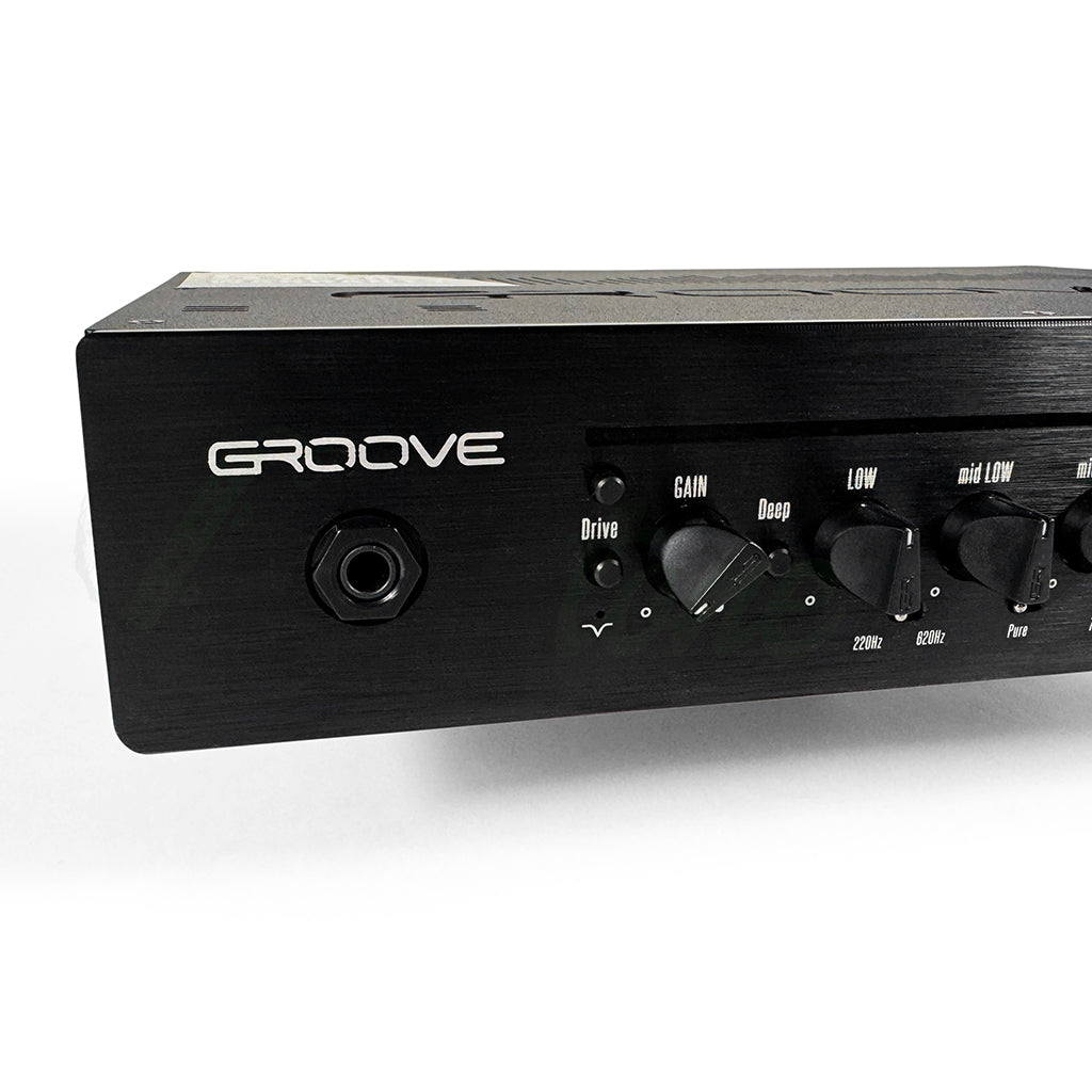 left view of the GR Bass Groove 800 Bass Head showing the input, drive switches, gain knob and deep switch