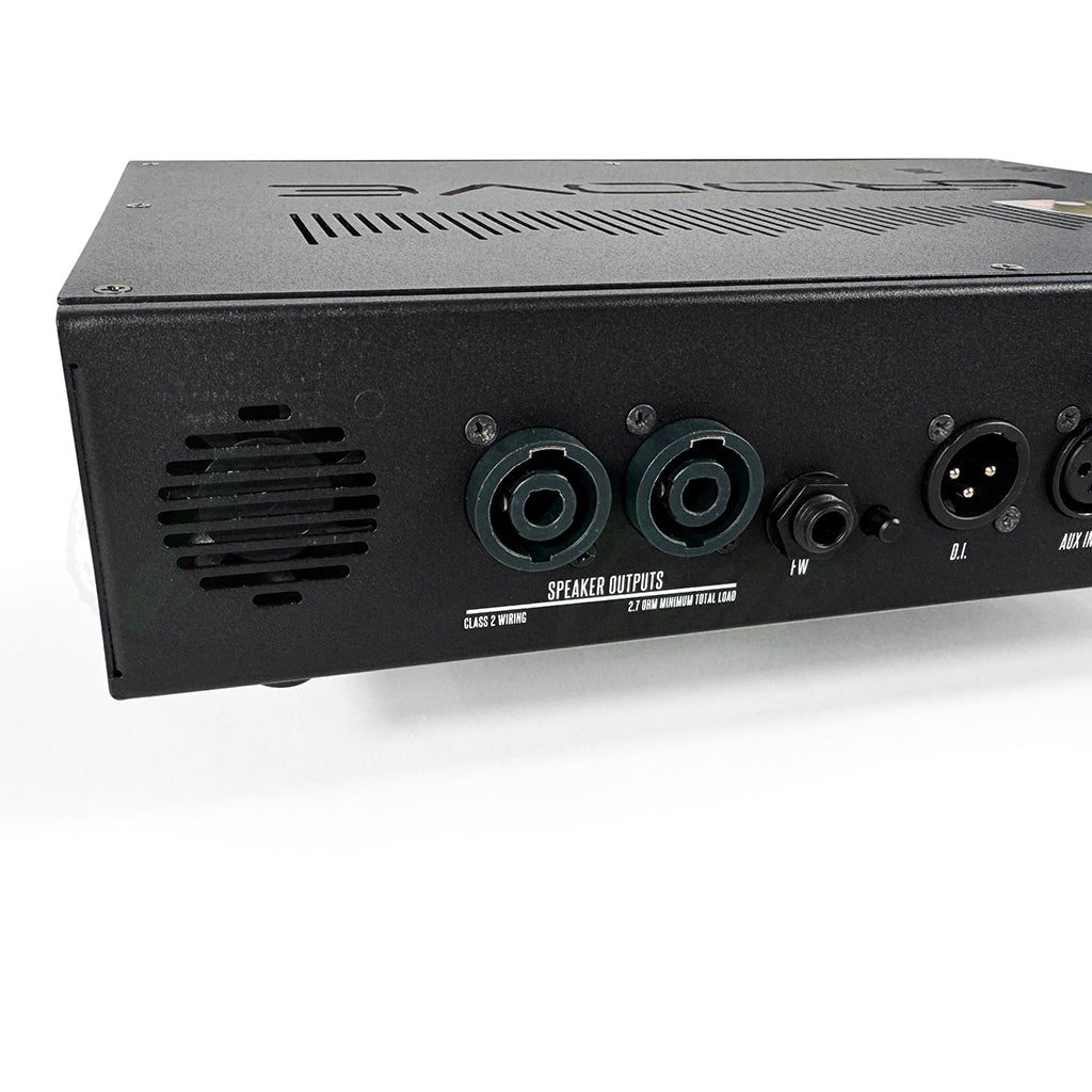 rear left view of the GR Bass Groove 800 Bass Head showing a fan vent and speaker outputs, and DI output.