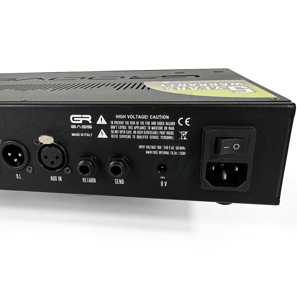 rear right view of the GR Bass Groove 800 Bass Head showing the aux in, effects loop send and return, power switch, AC supply jack and a 9V out