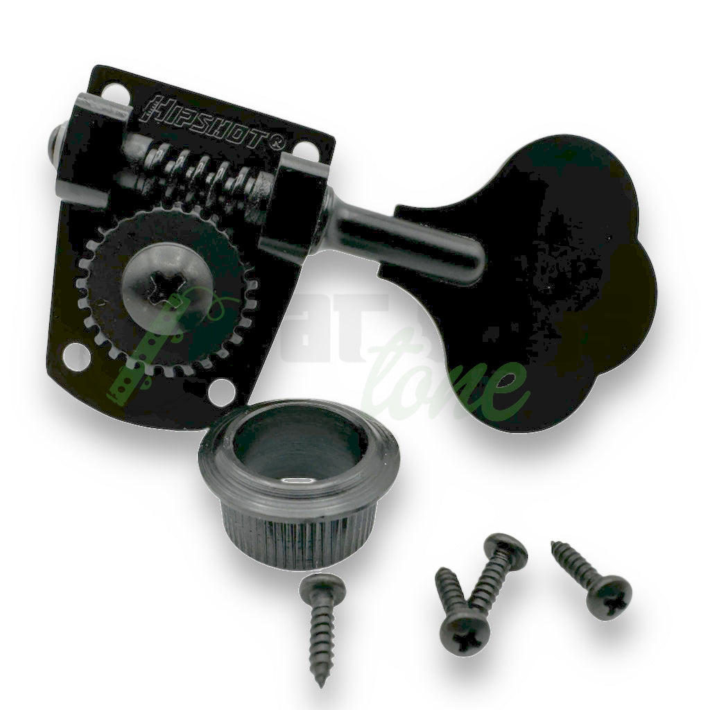 photo of the Hipshot HB7 Bass Tuner in black for the bass side of the headstock with bushing and 4 mounting screws