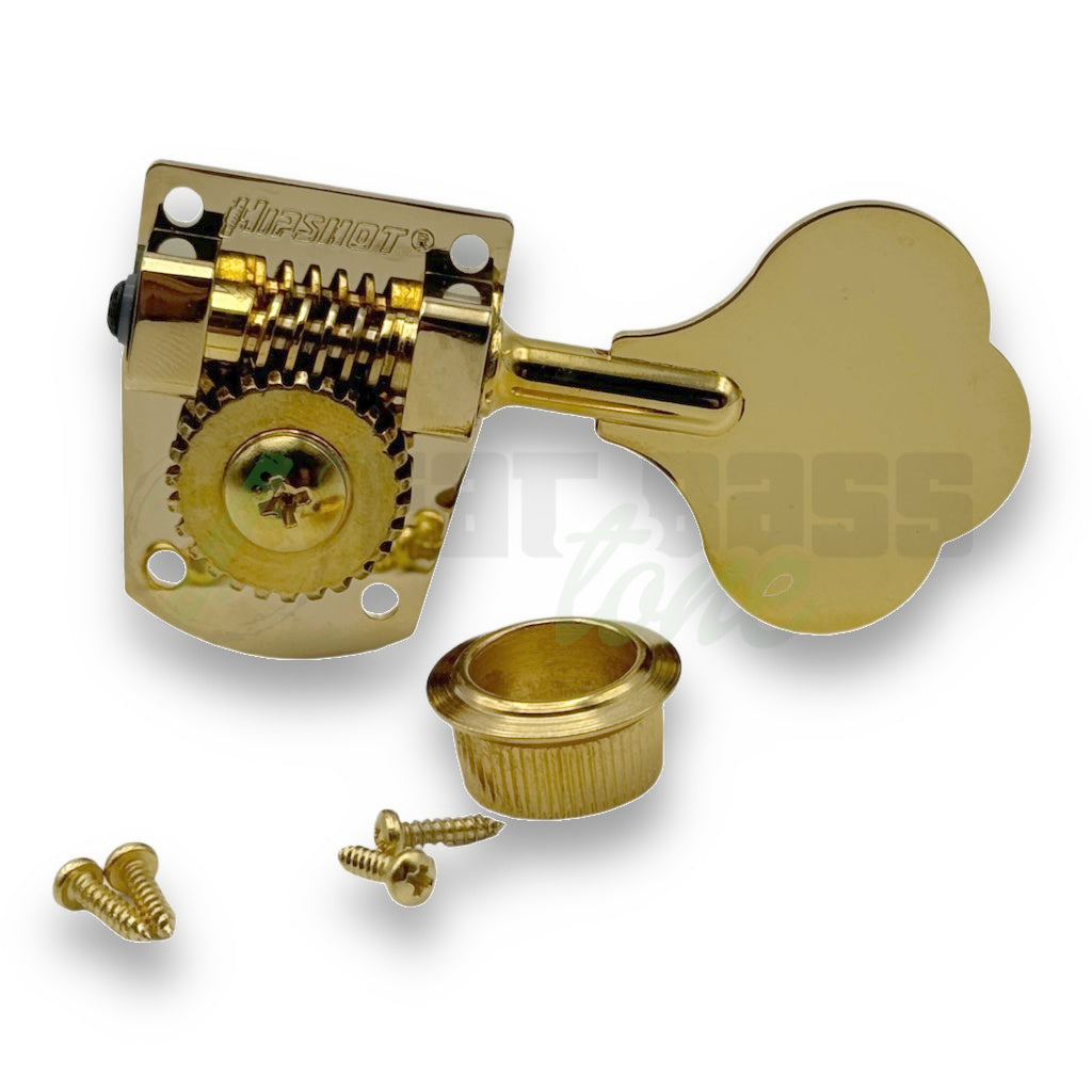 photo of the Hipshot HB7 Bass Tuner in gold for the bass side of the headstock with bushing and 4 mounting screws