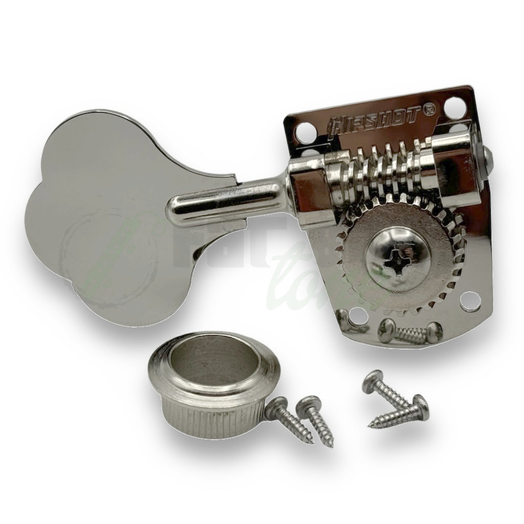 photo of the Hipshot HB7 Bass Tuner in nickel for the treble side of the headstock with bushing and 4 mounting screws