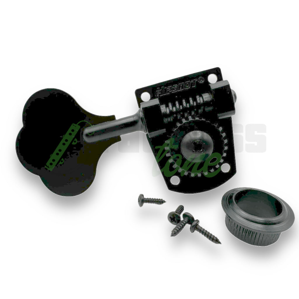 photo of the Hipshot HB7 Bass Tuner in black for the treble side of the headstock with bushing and 4 mounting screws