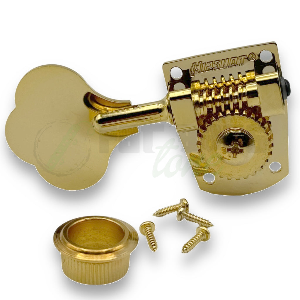 photo of the Hipshot HB7 Bass Tuner in gold for the treble side of the headstock with bushing and 4 mounting screws