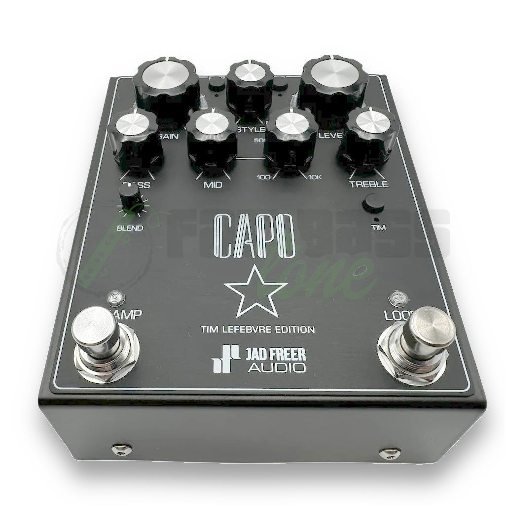 front view of the Jad Freer Capo Tim Lefebvre Edition Bass Pedal which shows the location of the stomp switches in the lower front corners of the pedal