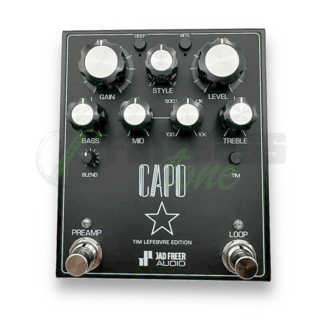 top view photo of the Capo showing the 8 rotary knobs, 3 mini switches and 2 stomp switches