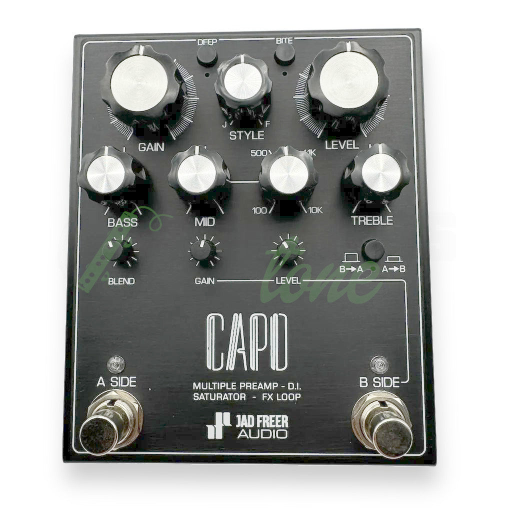 top view of the Jad Freer Capo Multiple Preamp Bass Pedal showing all of the controls clearly, with 10 knobs, 3 push buttons and 2 foot switches