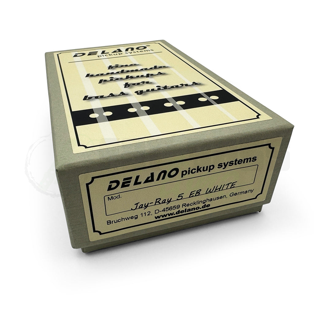 photo of box for the Delano Jay-Ray 5 Dual Coil Music Man® Bass Pickup in the Ernie Ball shape, noted with EB on the product sticker