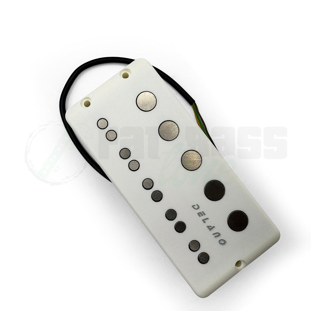 Top view of the Delano Jay-Ray 5 Dual Coil Music Man® Bass Pickup showing the Delano Logo